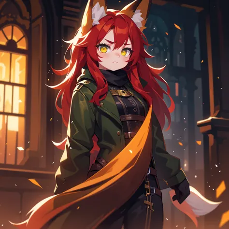 1girl, red hair, long hair, fox ears, heterochromia, yellow eye, green eye, vertical pupil, leather coat, fox tail, tired face, intricate details, hyper realistic, 8k, photorealistic, high quality, award winning, digital art, fantasy, dark, moody, cinemati...