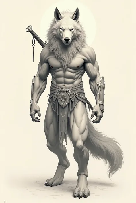 Guardian Animal Tattoo,ready to defend,offwhite,tatoo,wolf with lion&#39;s mane,humanoid body,head proportional to the body,Short snout,short and discreet weapon on the back,small mane, warrior, without syrup,Face with human features