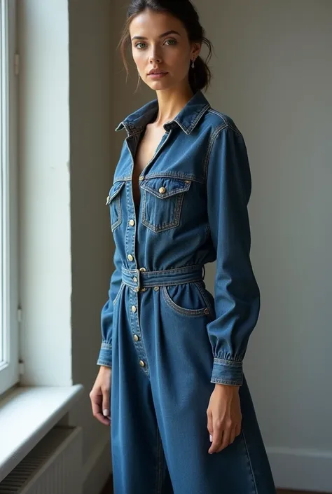 European female model wearing long denim jumpsuit with plush details.  Show all noodles. 