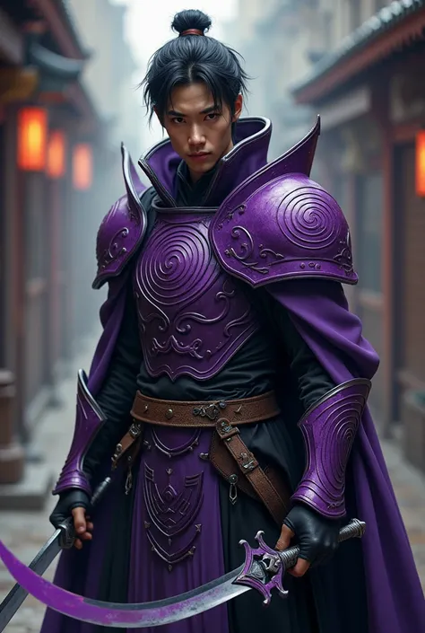 A clerk,an asiatic human,with purple spiral-shaped armor,using a dagger curved to the left side,brooding,with a man&#39;s body,skinny human man with skin color