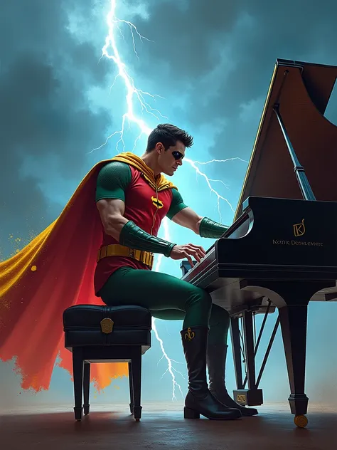 Rock Robin marvel by playing the piano with a thunder background and a very rock vibes.