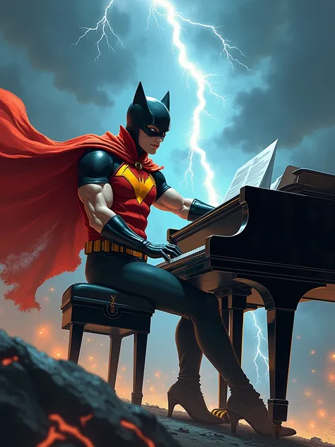 Rock Robin marvel by playing the piano with a thunder background and a very rock vibes.