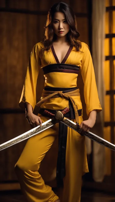 Samurai Swordsman　woman　In underwear　Full body sexy underwear　Full body sexy　yellow　underwear