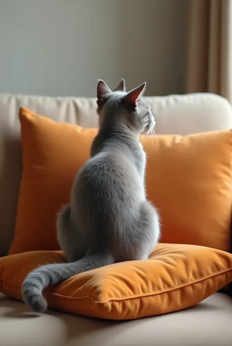 make a gray cat on top of an orange pillow on a beige sofa, facing away