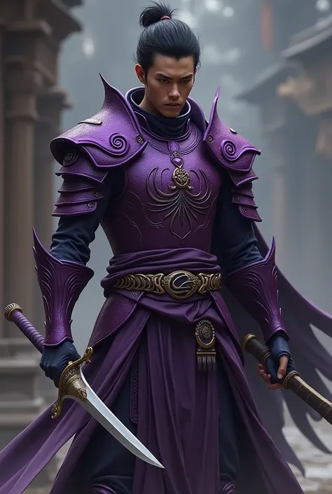 A clerk,an asiatic human,with purple spiral-shaped armor,using a dagger curved to the left side,brooding,with a man&#39;s body,skinny human man with skin color