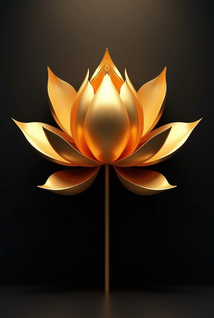 Create a 3D illustration of a golden lotus flower with sharp, symmetrical petals that radiate elegance and strength. The flower should have a reflective metallic finish, with the petals curving slightly upwards, casting soft shadows on a dark, matte backgr...