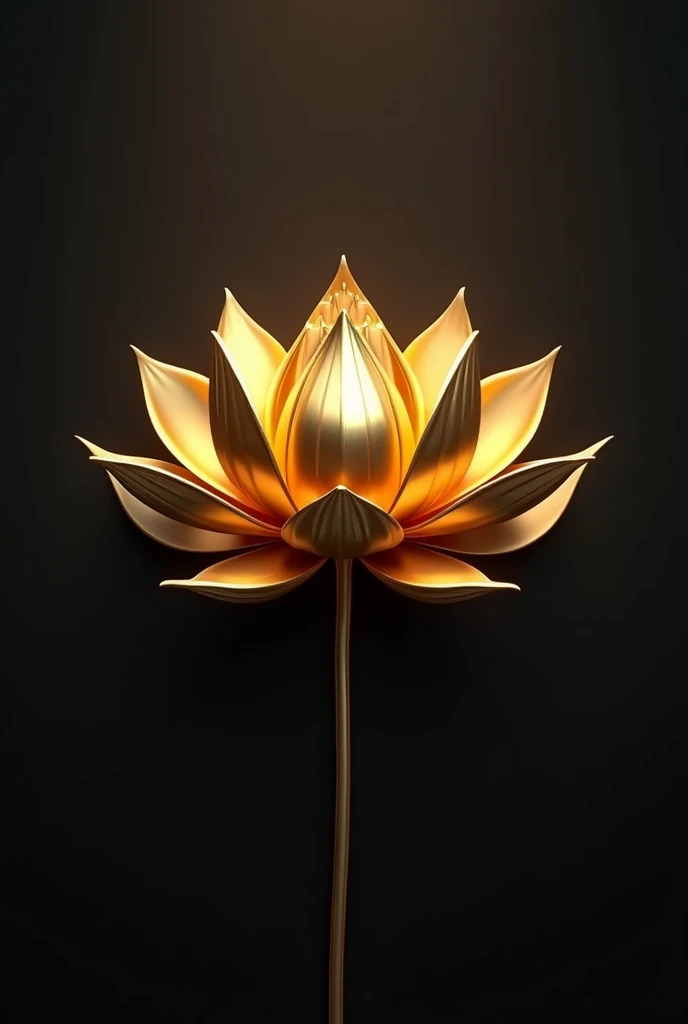 Create a 3D illustration of a golden lotus flower with sharp, symmetrical petals that radiate elegance and strength. The flower should have a reflective metallic finish, with the petals curving slightly upwards, casting soft shadows on a dark, matte backgr...