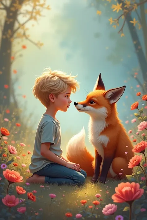 Painting of a and a fox there is a little blond boy sitting in the flowers with a fox, fox love fantasy, jen bartel, inspirado em Cyril Rolando, beeple e jeremiah ketner, bela arte uhd 4 k, in style of cyril rolando, cyril rolando and goro fujita, por Ryan...