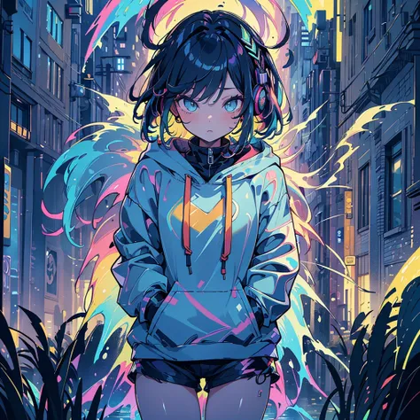 8 k resolution、((highest qualityr))、((masterpiece))、((Ultra-detailed))、1 woman、Alone、Incredibly absurd、Oversized hoodies、headphones、Street、outdoor、rain at night、Neons、Haircut、bright colored eyes、hands in pockets、Shorts、dripping water、rainbow hairs、Bob Hair