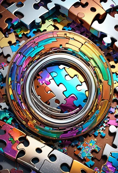 conceptual installation art, chrome-plated puzzle rings, colorful mosaic patterns of many colors, rusty puzzle rings, (ultra detailed, absolutely resolution, best quality:1.3), 2.5D, delicate and dynamic effects, glitter effects, artistic, artistic photogr...