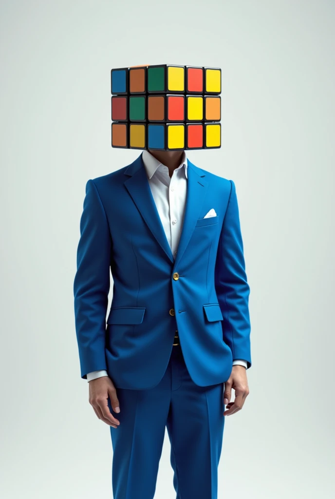 Create a character with a Rubik&#39;s cube head with no facial features above it should say" SR JUANCHIS" He wears a blue suit, It&#39;s a jacket and pants, 
Let Mr. JUANCHIS say above 