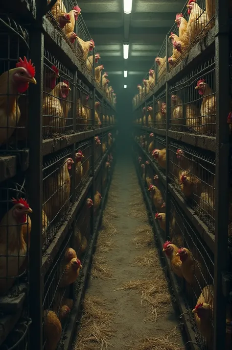 Create what it would be like inside a chicken coop where the chickens are in iron cages