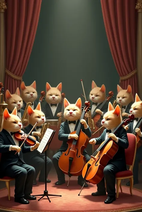 Draw an orchestra of cats playing musical instruments