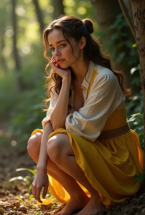 from below, emma watson as belle (beauty and the beast), squatting, open shirt, dress lifting, barefoot, toes