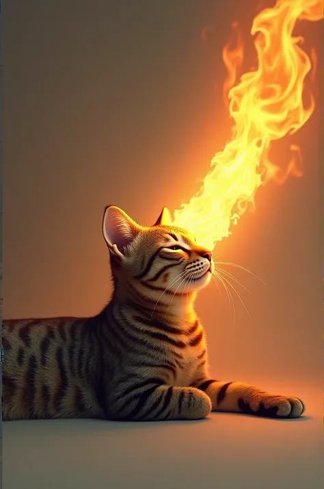 Image of a tabby cat lying down and breathing fire