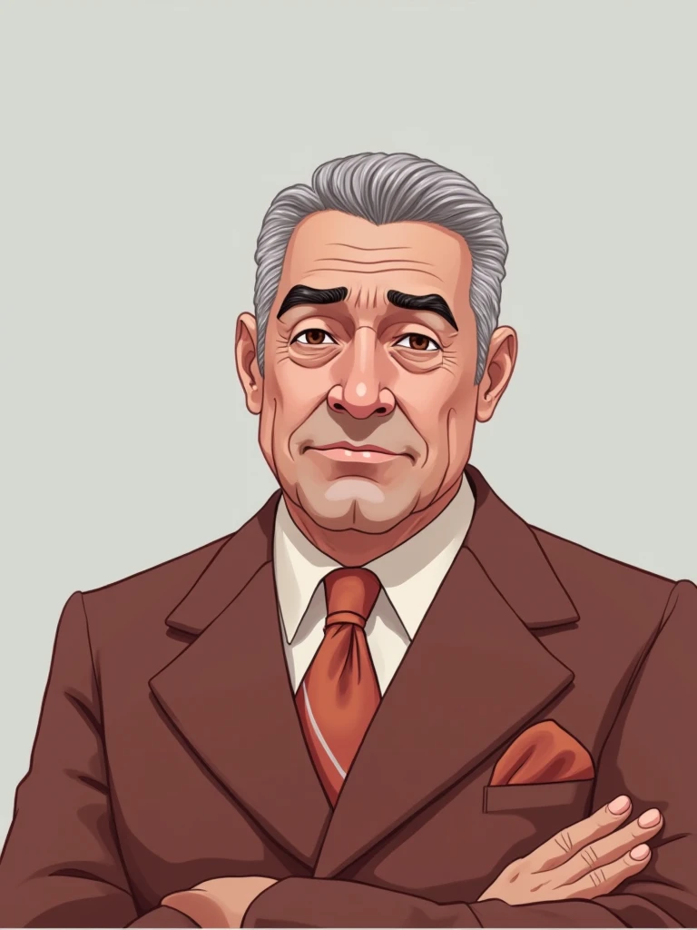 Create an ultra-realistic character, of a 6 man, brown eyes, short gray hair, with a normal mouth, a large and airy nose, thick shadows, wearing dress clothes