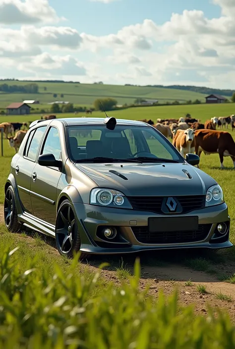 Auto Renault logan 2006 1.6 tuned metallic black on a farm with lots of cattle