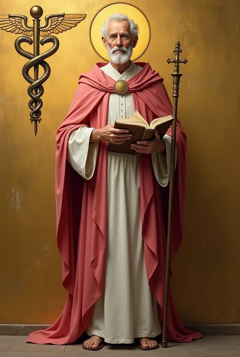 apostle saint matthew, a little older, patron of accounting, standing, with a white tunic and a pinkish red cloak, holding his gospel with his left hand, holding his staff in his right hand, and in the background a golden wall with a symbol "caduceus paint...