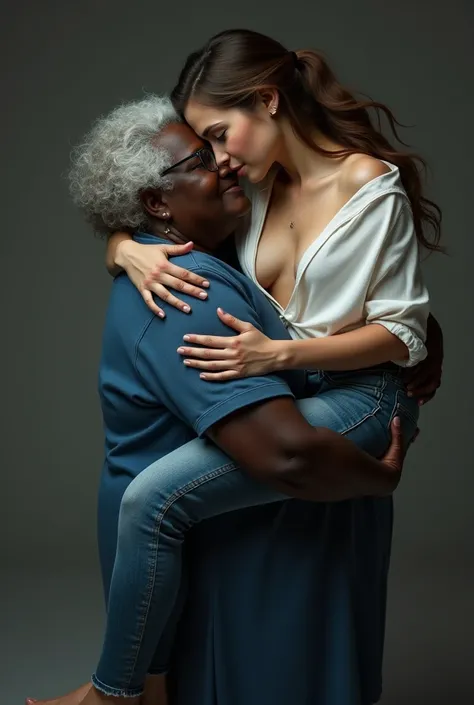 Create a photo of a 20 year old young woman, with a slender and beautiful body, wearing jeans and an open white shirt and no bra, with white and clear skin, with long brown hair being carried in the arms of a 90 year old elderly lady, obese woman who has d...