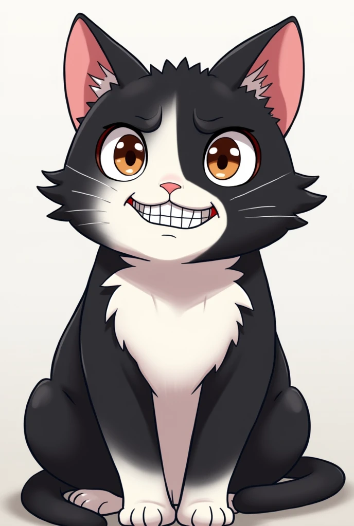 "Create an image of a cat with characteristics similar to the bear from the anime Danganronpa. The cat should have black and white fur, with a playful and mischievous expression. One side of the face should be smiling, while the other side should look more...