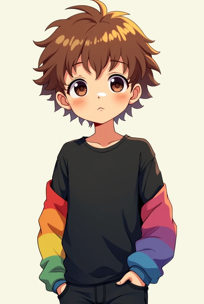 Anime boy, brown curly hair, black shirt rainbow sleeves, black jeans