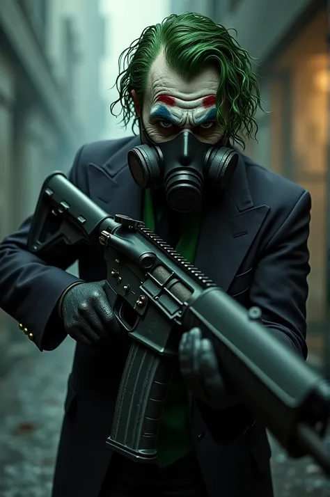 Create Me the Joker with a gas mask holding a rifle