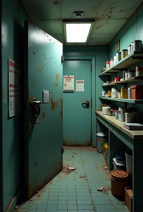 Abandoned hospital, safe room with metal door and various supplies