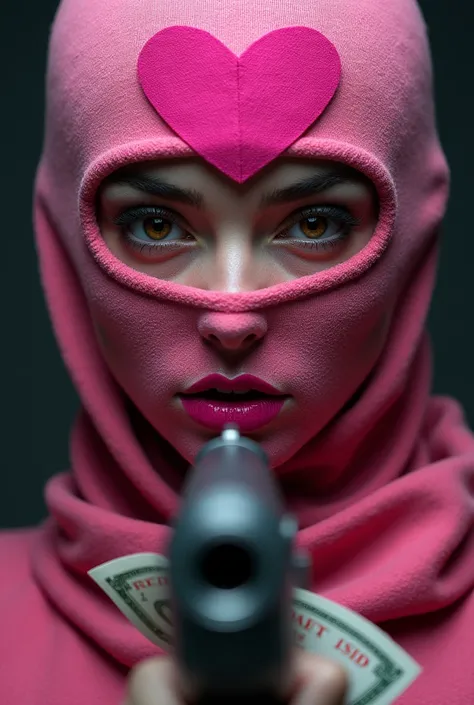 Woman with pink balaclava with hearts and very beautiful brown eyes, pink lips, with bills and a gun