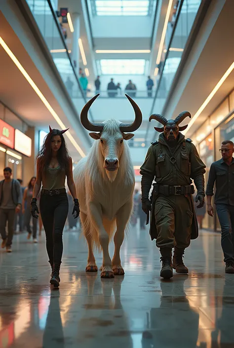 A white Minotaur, a medium, A military human and an orc shopping at a mall