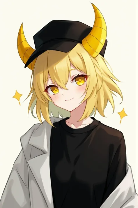 Blonde hair yellow horns black cap and black shirt 