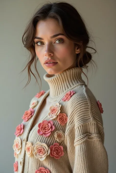 European woman model wearing knitted cardigan with lots of small crochet flowers sewn onto the cardigan. 