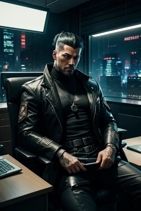 Cyberpunk, Cyberpunk mercenary, well dressed, business man, holding a pistol, sitting at a desk