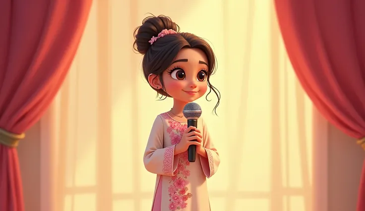 Lily, (highest quality, 4k, masterpiece:1.3), A young Pakistani Muslim girl wearing a traditional cream shalwar kameez with pink floral embroidery. Her hair is styled in a neat bun with loose strands framing her face, as seen in previous images. She holds ...