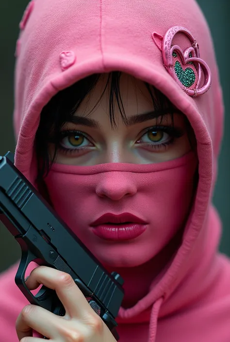 Woman with pink balaclava with hearts and very beautiful brown eyes, pink lips, with bills and a gun