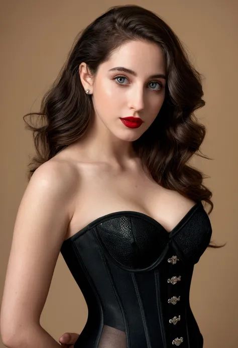 (best quality,4k,8k,highres,masterpiece:1.2),ultra-detailed,(realistic,photorealistic,photo-realistic:1.37), Emily Rudd, beautiful eyes,beautiful lips,detailed face,red lipstick,gorgeous woman, sexy black dress, sexy elegant fashion model, sexy elegant loo...