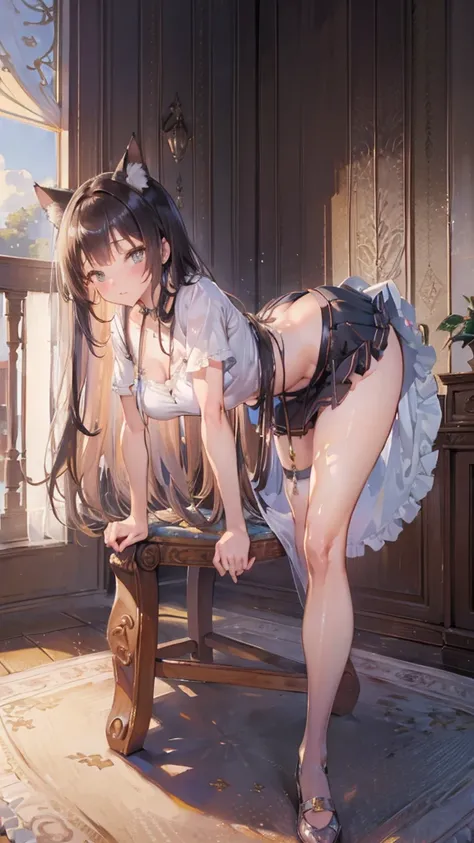 best quality,masterpiece,Ultra-high resolution,truthfully:4：0,floor to ceiling blinds,beautiful and cute,woman,cat ear,Shy expression，long hair shawl,mini skirt,,bend over,Wear ruffle stockings,