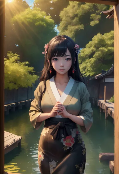 (masterpiece, Highest quality, 8k, High resolution, Ultra high definition、detailed、detailed、Are you okay、:1.5) Traditional Japanese streets and waterways、Wooden building and Japanese sign, Surrounded by lush vegetation and tranquil waterways、The summer sky...