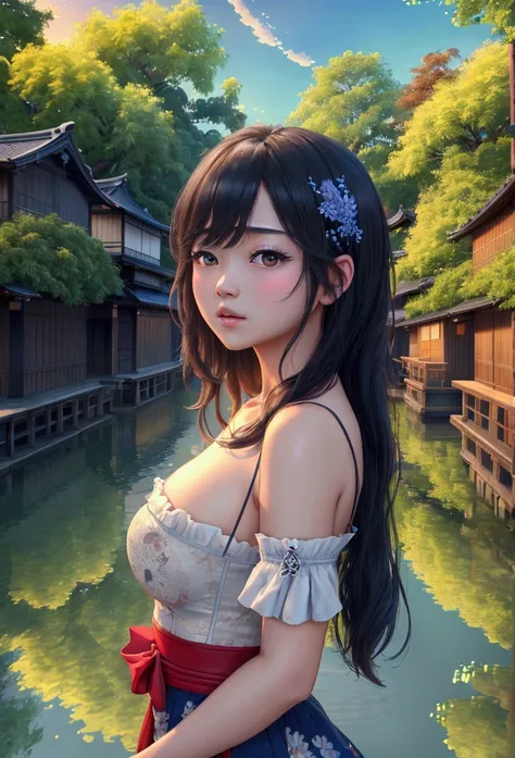 (masterpiece, Highest quality, 8k, High resolution, Ultra high definition、detailed、detailed、Are you okay、:1.5) Traditional Japanese streets and waterways、Wooden building and Japanese sign, Surrounded by lush vegetation and tranquil waterways、The summer sky...