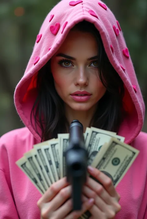 Woman with pink hood with hearts and very beautiful brown eyes, pink lips, with bills and a gun