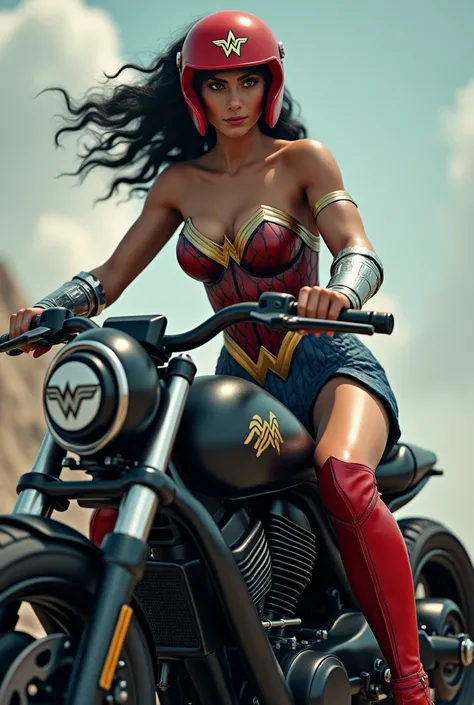 (((Extreme close-up of Wonder Woman wearing a navy blue leather jumpsuit with scales covering her neck,torso and forearms red corset in armor red helmet with a red star on her forehead long red boots up to her knees riding a large red futuristic high-displ...