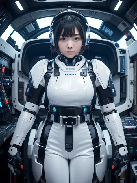 masterpiece, Highest quality, Very detailed, Japanese Android girl,Plump,Slightly thicker,Control panel,robot arms,robot,Android,cyborg,white robot body,Blunt bangs,robot repair plant,The spaceships cockpit,Harness Belt,headset