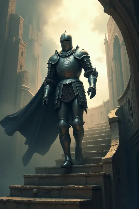 Create image of a medieval knight in full armor climbing a staircase towards the sky