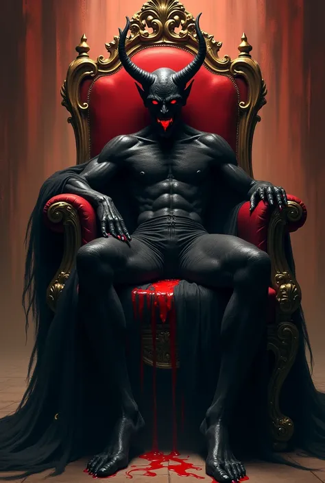 .is a demon.
.Their body is mostly black., Her lips, red tongue and eyes.
.The devil is sticking out his tongue, He has red and indifferent eyes, He is sitting in a relaxed manner on his throne.