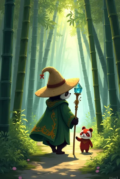 studio ghibli style, The gentle panda wizard walks through the serene bamboo forest, sunlight dances through tall, slender stems, casting intricate shadows on the moss-covered ground, the panda wears an ornate cloak of earthy green, a worn straw hat, holdi...