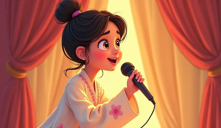 Lily, (highest quality, 4k, masterpiece:1.3), A young Pakistani Muslim girl wearing a traditional cream shalwar kameez with pink floral embroidery. Her hair is styled in a neat bun with loose strands framing her face, as seen in previous images. She leans ...