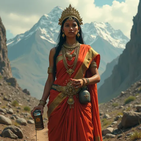 A South Indian queen, who is Hindu, is holding a oil can , with mountains and battlefields in the background , queen make s suicide bomber, she the queen sprinkled oil on herself , she sprinkled oil himself ,