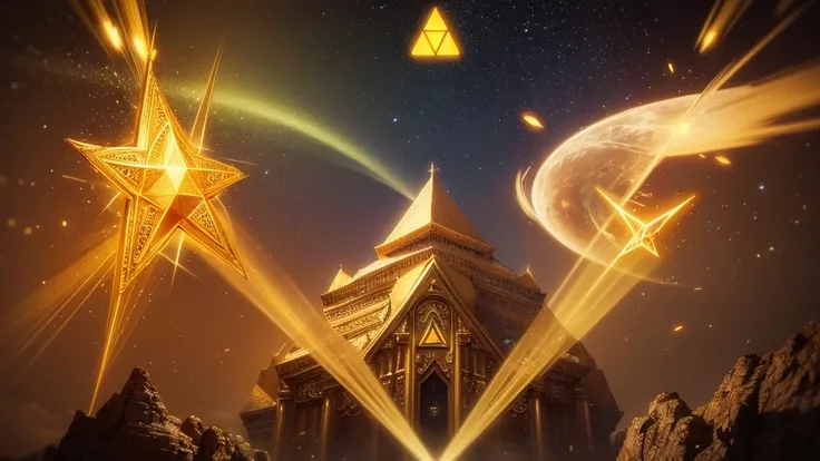 "A detailed and symbolic depiction of the Triforce from The Legend of Zelda. The Triforce is presented as a radiant, triangular symbol composed of three interconnected triangles, each glowing with a golden light. The individual triangles are arranged in a ...