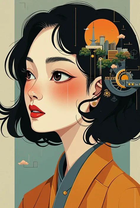 japanese woman face in cubism art inspired by the retrofuturistic illustration style of Moebius