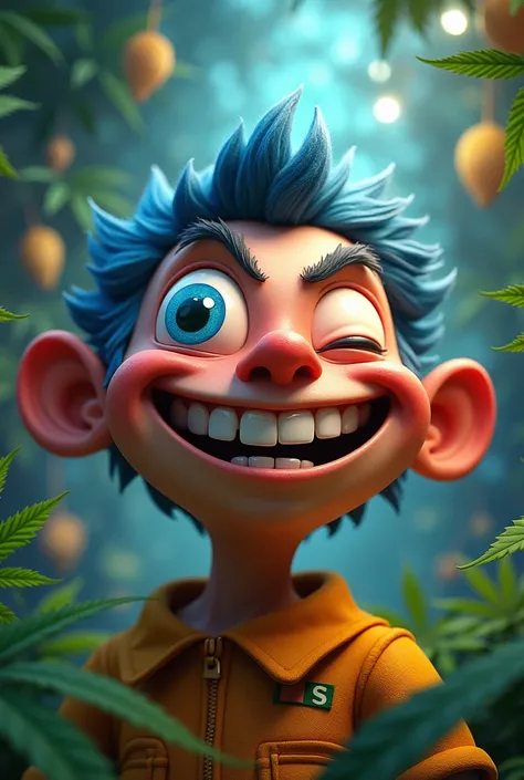 Animated character with a blue slanted eye , laughing with lots of marijuana 