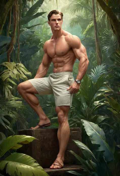 vintage art deco style, perfect simetryc composition, neutral soft colors, a full body,  man, beautifull, gorgeous, perfect realistic detailed muscles, muscled legs, adorable face, taller, masculine gaze, sexi look, sit soft perfect white skin, barefoot, w...